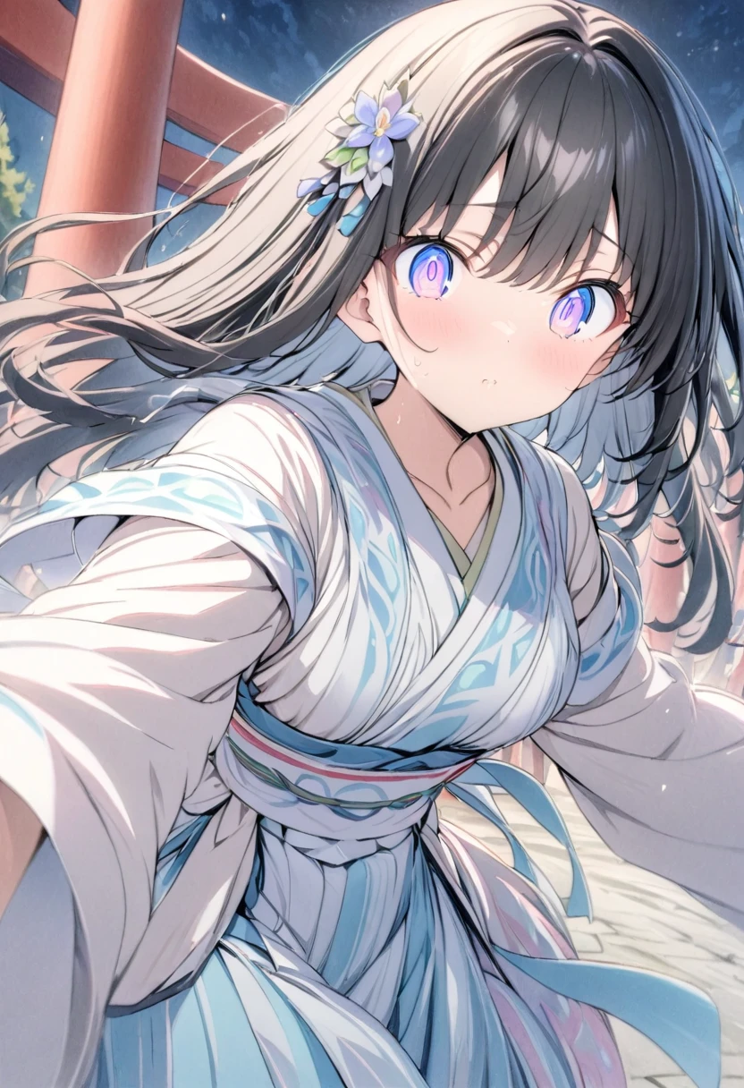 Iris、Beautiful eyes、Big eyes、Tree Eyes、Sidelong glance、Black Hair、Senbon Torii gates at night in the background、running、Beautiful hair ornament、White Shrine Maiden Clothing、anime、Masterpiece、Colored pencil、