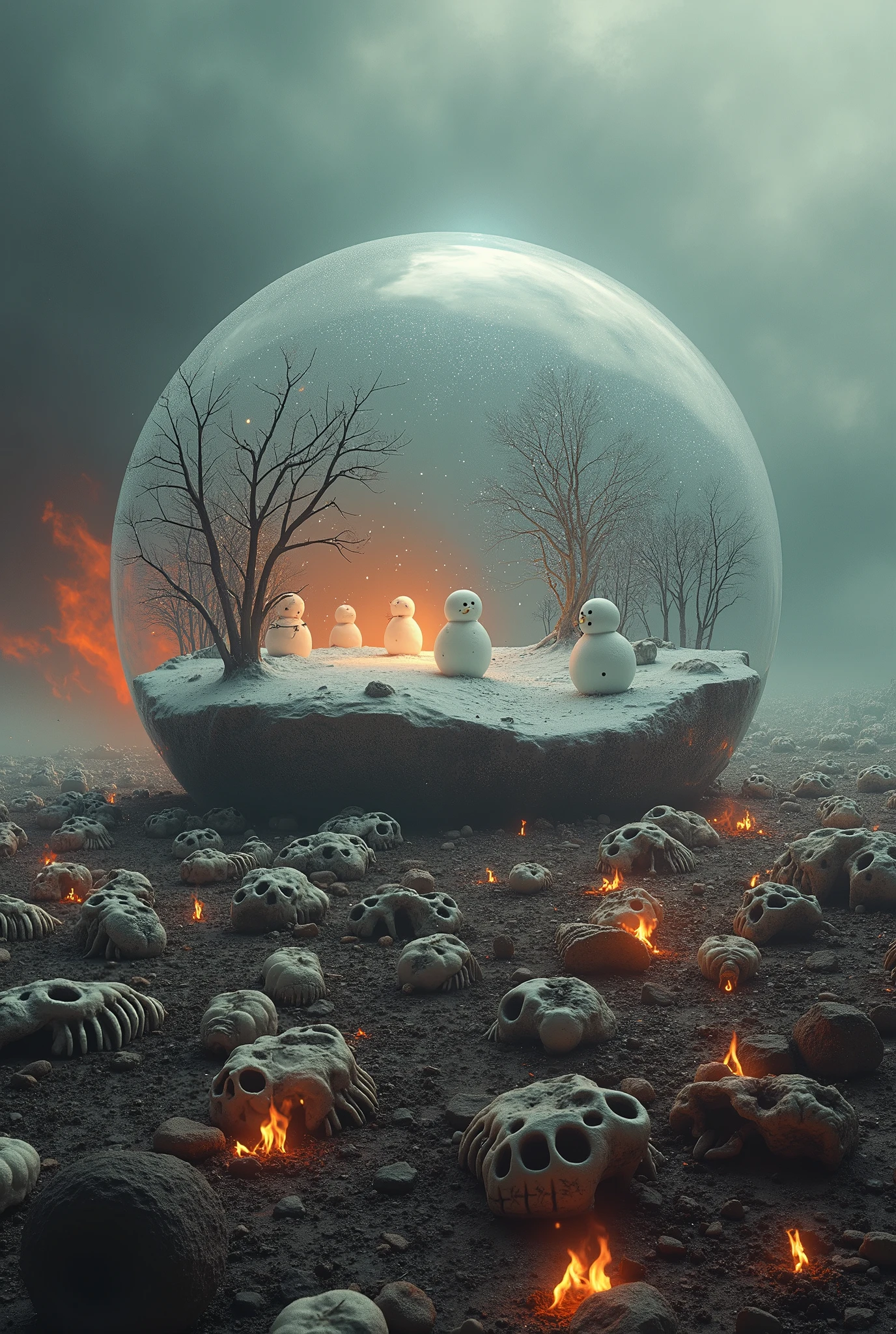 The skeletal remains of animals are scattered all over the scorching hot earth, where flames are dancing. , BREAK , Deep in the scorching earth there is a transparent hemispherical dome.。Inside the dome, snowmen are playing happily in the snowy scenery. , The contrast with the scorching hot earth outside the dome is dramatic. , 