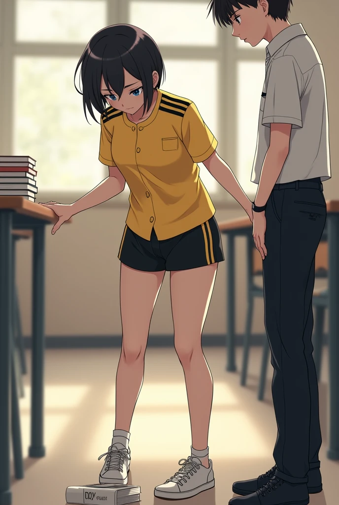 1 girl with almost short hair wearing a yellow short-sleeved uniform shirt with black stripes on the shoulders and short black mini shorts with yellow stripes on the sides and made of synthetic material and she drops her books and bends down to pick them up and she looks good assed and sexy and a boy looks at her sexily and she looks good assed and sexy and with a big butt