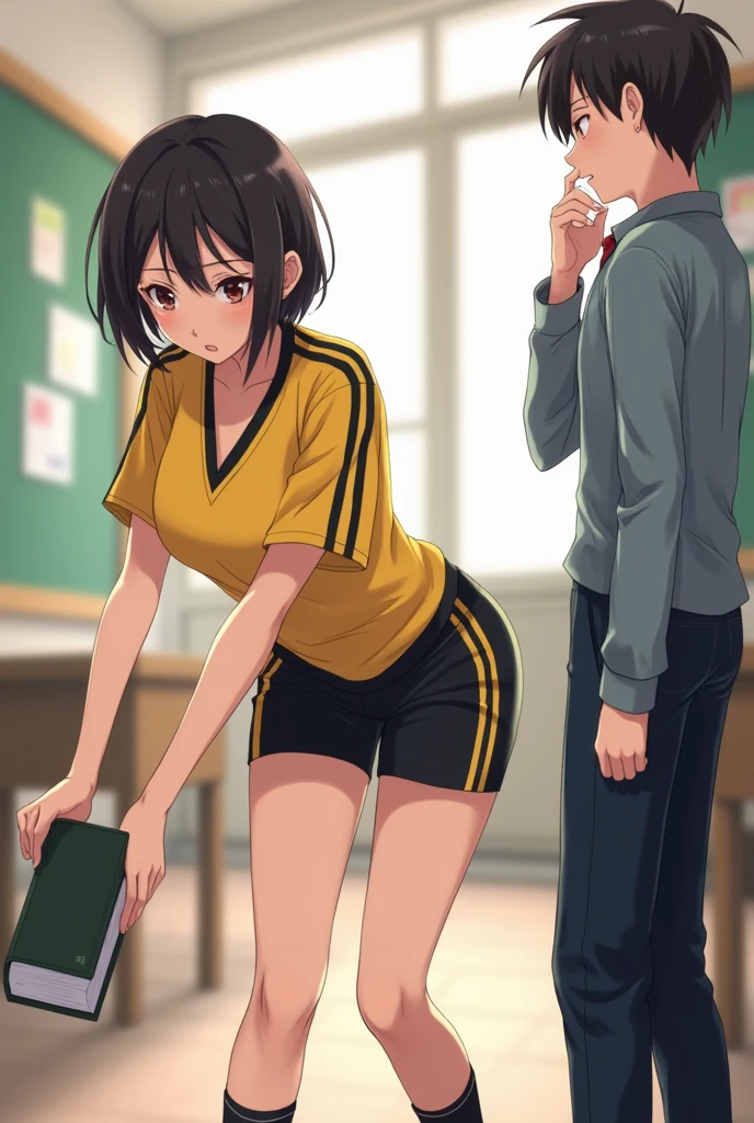 1 girl with almost short hair wearing a yellow short-sleeved uniform shirt with black stripes on the shoulders and short black mini shorts with yellow stripes on the sides and made of synthetic material and she drops her books and bends down to pick them up and she looks good assed and sexy and a boy looks at her sexily and she looks good assed and sexy and with a big butt
