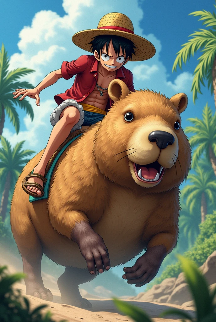 Create a luffy riding a capybara to go defeat Nicholas maduro