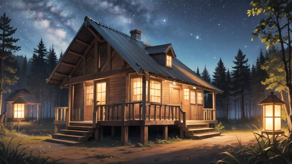 In the middle of the forest, at night, a hut