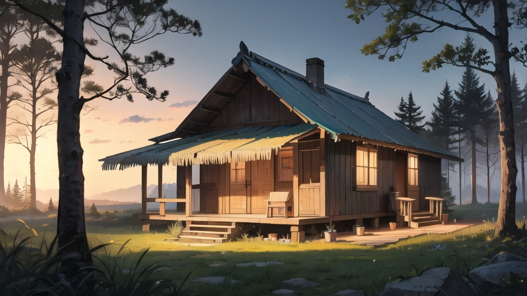 In the middle of the forest, at night, a hut