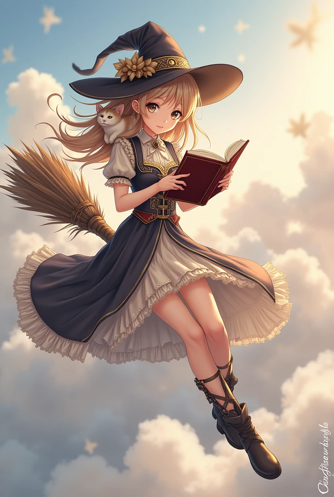 witch flying on a broom with a book and a cat, sorcerer magic witch, classical witch, anime style, from girls frontline, fine details. girls frontline, girls frontline universe, girls frontline style, girls frontline, girls frontline cg, soft anime illustration, 2 0 2 2 anime style, 2022 anime style, pixiv contest winner, pretty anime character design, render of april