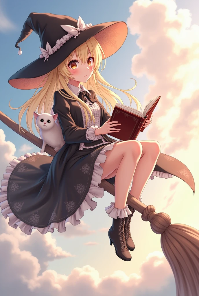 witch flying on a broom with a book and a cat, sorcerer magic witch, classical witch, anime style, from girls frontline, fine details. girls frontline, girls frontline universe, girls frontline style, girls frontline, girls frontline cg, soft anime illustration, 2 0 2 2 anime style, 2022 anime style, pixiv contest winner, pretty anime character design, render of april