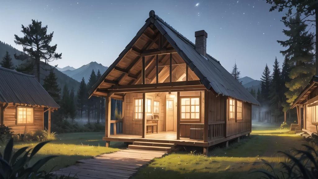 In the middle of the forest, at night, a hut