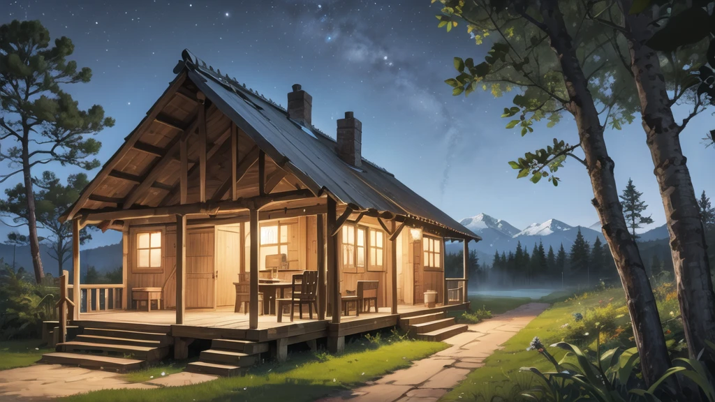 In the middle of the forest, at night, a hut