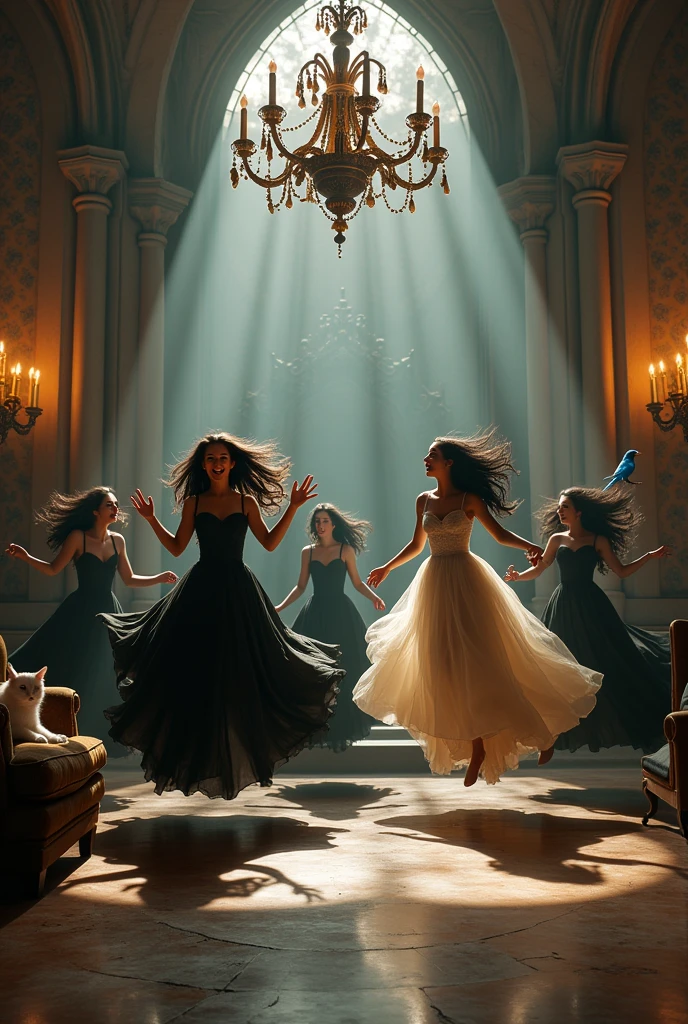 "A full-body shot of a (extra wide angle) in a dark low light medeval ballroom in an old palace. Super-big ballroom 2 queen twin sisters and their 5 girlfriends jumping arraound. The queens have a big light-colored eyes, super-long shiny blackest hair. Their girl-friends have a long hair also blue and green perfect eyes.( Perfect beautiful teeth, perfect hands, five fingers on each hand.) Big breasts cleavage, (hyper realistic perfect eyes 1:1). White perfect skin, rosy cheeks. Some are laying on the floor and some are sitting in a middle of a super-enormous ballroom 1:3 with and pink baloons everywhere in the candelight 1:1 Wearing a layered black, white and gold ballroom dresses with lace and shiffon. On all of their head is a golden crown, adorned with pink crystals 1:1. They are laughing and laughing at eachother and rolling around the floor. A white cat lounges on a sofa in the corner 1:1, while a blue bird sits on the thrown. All of the girls rolling around in a caos with eachother. The scene ave a beautiful empresses, striking a bendover poses, curled up, excited and laughing. their long black hair flowing all around. Having fun.(Best Quality Detailed faces)1:1. A medieval fairytale vibe, with a big black intricate throne in a corner, a dark medeval chandelier with few candles hanging from the ceiling a very low romantic lighting. In a fantastic scene that uses 3D Surreal 3D model. Big gold gothic medieval five armed candlesticks sit on a blacktable, surrounded by crystal wine glasses—one tipped over and another half-full of wine. The entire setup is Best Quality, masterpiece 1:1, capturing the essence of a beautiful and happy girls, fantastical gothic setting, moist. Low lighting under neath, framed with the grandeur of medieval gothic style. (8K).