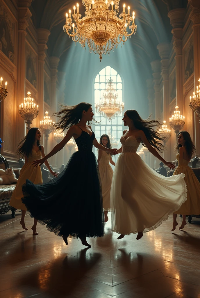 "A full-body shot of a (extra wide angle) in a dark low light medeval ballroom in an old palace. Super-big ballroom 2 queen twin sisters and their 5 girlfriends jumping arraound. The queens have a big light-colored eyes, super-long shiny blackest hair. Their girl-friends have a long hair also blue and green perfect eyes.( Perfect beautiful teeth, perfect hands, five fingers on each hand.) Big breasts cleavage, (hyper realistic perfect eyes 1:1). White perfect skin, rosy cheeks. Some are laying on the floor and some are sitting in a middle of a super-enormous ballroom 1:3 with and pink baloons everywhere in the candelight 1:1 Wearing a layered black, white and gold ballroom dresses with lace and shiffon. On all of their head is a golden crown, adorned with pink crystals 1:1. They are laughing and laughing at eachother and rolling around the floor. A white cat lounges on a sofa in the corner 1:1, while a blue bird sits on the thrown. All of the girls rolling around in a caos with eachother. The scene ave a beautiful empresses, striking a bendover poses, curled up, excited and laughing. their long black hair flowing all around. Having fun.(Best Quality Detailed faces)1:1. A medieval fairytale vibe, with a big black intricate throne in a corner, a dark medeval chandelier with few candles hanging from the ceiling a very low romantic lighting. In a fantastic scene that uses 3D Surreal 3D model. Big gold gothic medieval five armed candlesticks sit on a blacktable, surrounded by crystal wine glasses—one tipped over and another half-full of wine. The entire setup is Best Quality, masterpiece 1:1, capturing the essence of a beautiful and happy girls, fantastical gothic setting, moist. Low lighting under neath, framed with the grandeur of medieval gothic style. (8K).