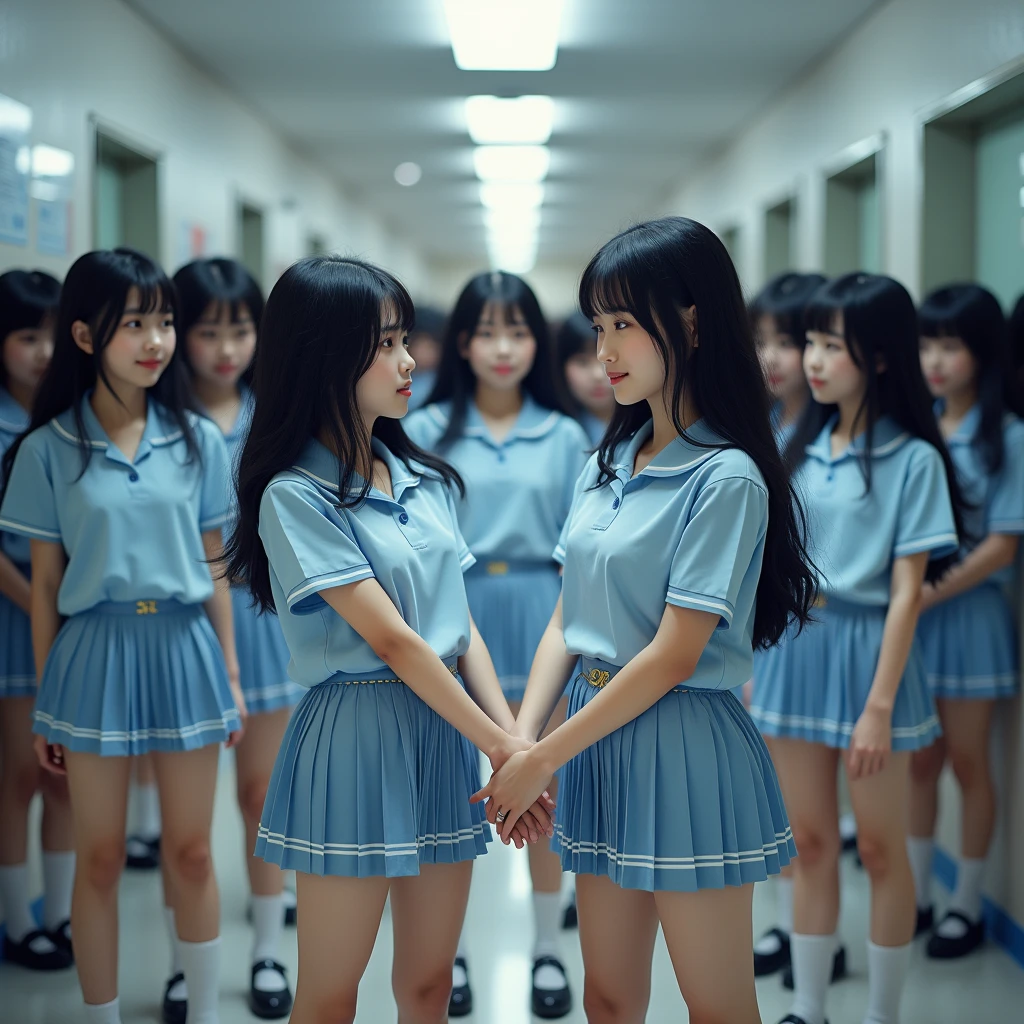 (((((Japanese Clone-girls=Myself))))), (((Super Best Perfect Clone-girls Raw Photography Art))), (((16K, Highest quality, Ultra-high resolution, Real Photography, RAW quality))), (((It's so unrealistic., An astonishing world view, With an unfathomable sight, In an out-of-this-world situation, In a world where Myself Clone-girls are multiplying in large numbers, Ultra-realistic, Delusion))), (((Japanese Girls, hashimoto-kanna, 17yo, Small face, Thick black hair, Semi-long hair, Dark Eyes, Mature face, Cute Smile, Smiling face, A gentle gaze, (((Very happy laughter)))))), (((Very beautiful detailed girls, Accurate body structure, Accurate body movements, Very detailed body, (((Big Breasts, J-Cup)))))), (((Summer Girls' School Uniform, Light blue shirt, I can see the cleavage, Big Breasts強調, blue and white striped mini skirt))), ((((((((Very detailed, Myself cloning, Depiction of splitting oneself, 1Myself girl-cloning-1,000,000,000,000,000,000,000,000,000,000Myself clone-girls)))))))), (((((((Very detailed clone depiction, (((The same perfect female body as Myself, Myself and the same perfect face, Perfect same hairstyle as Myself, Myself and the perfect same outfit, Perfect height with myself, Myself and perfect J-Cup)))))))))), (((((Myself clone-girls only))))), (((((1,000,000,000,000,000,000,000,000,000,000Myself clone-girls))))), (((Very detailed, Extremely crowded, Body-to-body contact with no gaps))), (Bright and soft lighting), (((((Clear and accurate perspective depiction, super wide view, Ultra-wide field of view, Focus on the average value of the image))))), (((((Myself clone-girls, With very detailed depiction, Pleasant conversation, Holding hands, Hug, Skinship between thousands of Myselves))))), School building, classroom, corridor, Lounge, Atrium Hall, spiral stage, Elevator, gym, School Assembly, after school