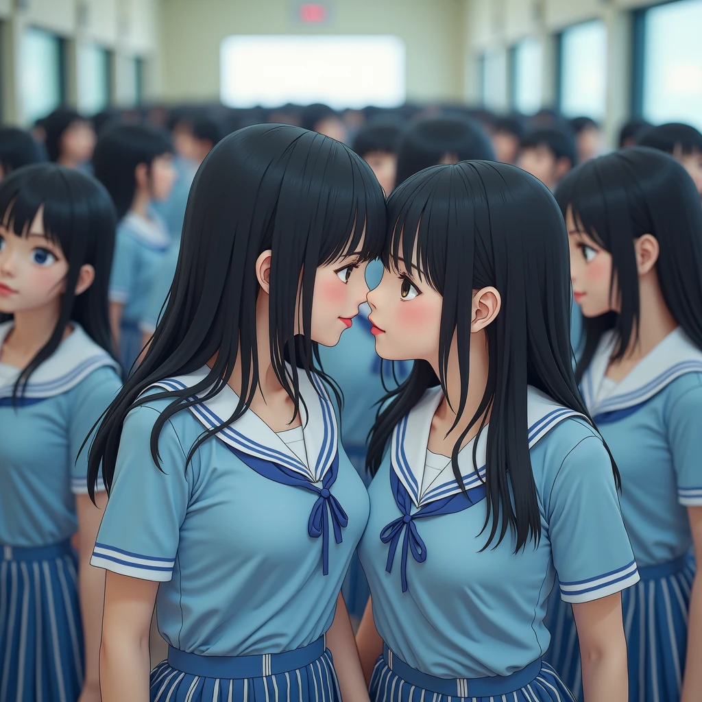 (((((Japanese Clone-girls=Myself))))), (((Super Best Perfect Clone-girls Raw Photography Art))), (((16K, Highest quality, Ultra-high resolution, Real Photography, RAW quality))), (((It&#39;s so unrealistic., An astonishing world view, With an unfathomable sight, In an out-of-this-world situation, In a world where Myself Clone-girls are multiplying in large numbers, Ultra-realistic, Delusion))), (((Japanese Girls, hashimoto-kanna, yo, Small face, Thick black hair, Semi-long hair, Dark Eyes, Mature face, Cute Smile, Smiling face, A gentle gaze, (((Very happy laughter)))))), (((Very beautiful detailed girls, Accurate body structure, Accurate body movements, Very detailed body, (((Big Breasts, J-Cup)))))), (((SuSchool Uniformt blue shirt, I can see the cleavage, Big Breasts強調, blue and white striped mini skirt))), ((((((((Very detailed, Myself cloning, Depiction of splitting oneself, 1Myself girl-cloning-1,000,000,000,000,000,000,000,000,000,000Myself clone-girls)))))))), (((((((Very detailed clone depiction, (((The same perfect female body as Myself, Myself and the same perfect face, Perfect same hairstyle as Myself, Myself and the perfect same outfit, Perfect height with myself, Myself and perfect J-Cup)))))))))), (((((Myself clone-girls only))))), (((((1,000,000,000,000,000,000,000,000,000,000Myself clone-girls))))), (((Very detailed, Extremely crowded, Body-to-body contact with no gaps))), (Bright and soft lighting), (((((Clear and accurate perspective depiction, super wide view, Ultra-wide field of view, Focus on the average value of the image))))), (((((Myself clone-girls, With very detailed depiction, Pleasant conversation, Holding hands, Hug, Skinship between thousands of Myselves))))), School building, classroom, corridor, Lounge, Atrium Hall, spiral stage, Elevator, gym, School Assembly, after school