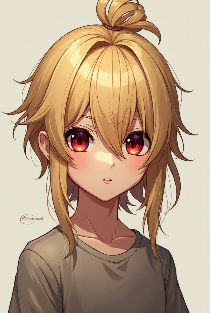 Blond hair boy,long,tied in an onion,with locks and bangs out,not too thin,not very fat,wine eyes,clear skin