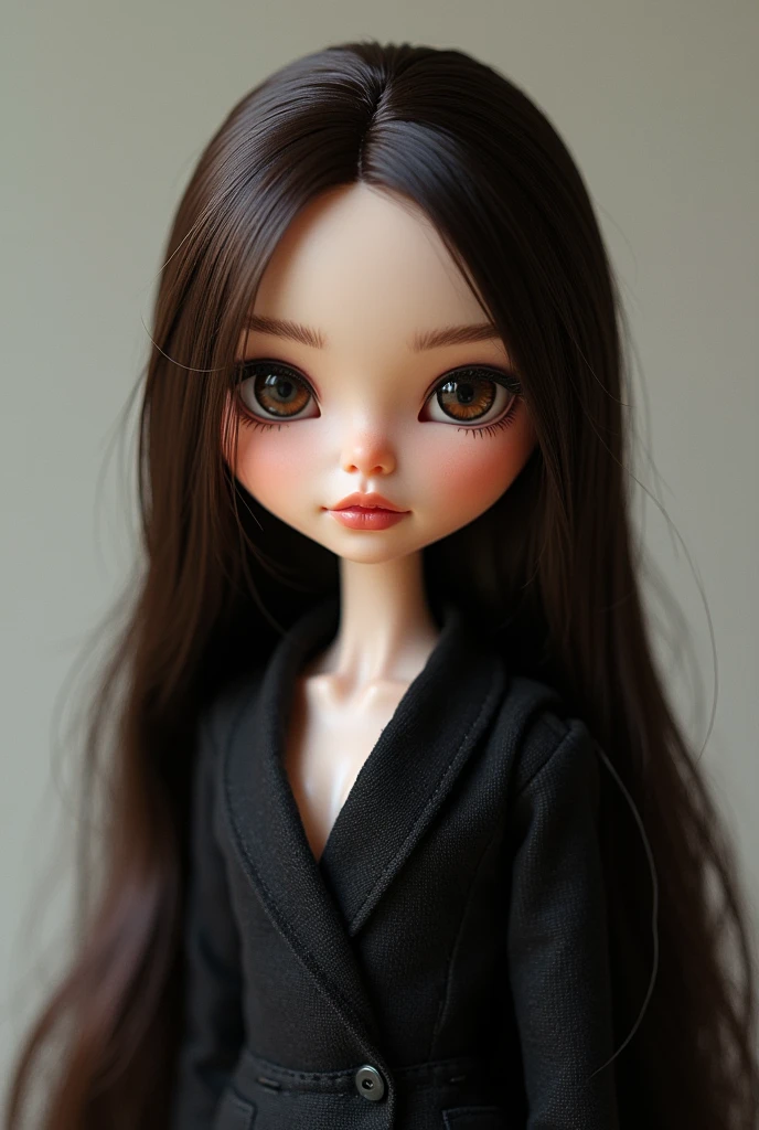 Halt Asian and German Blythe doll with black hair at the cone of the hair, dark brown hair, dark brown eyes, no bangs, long shoulder length hair, no freckles