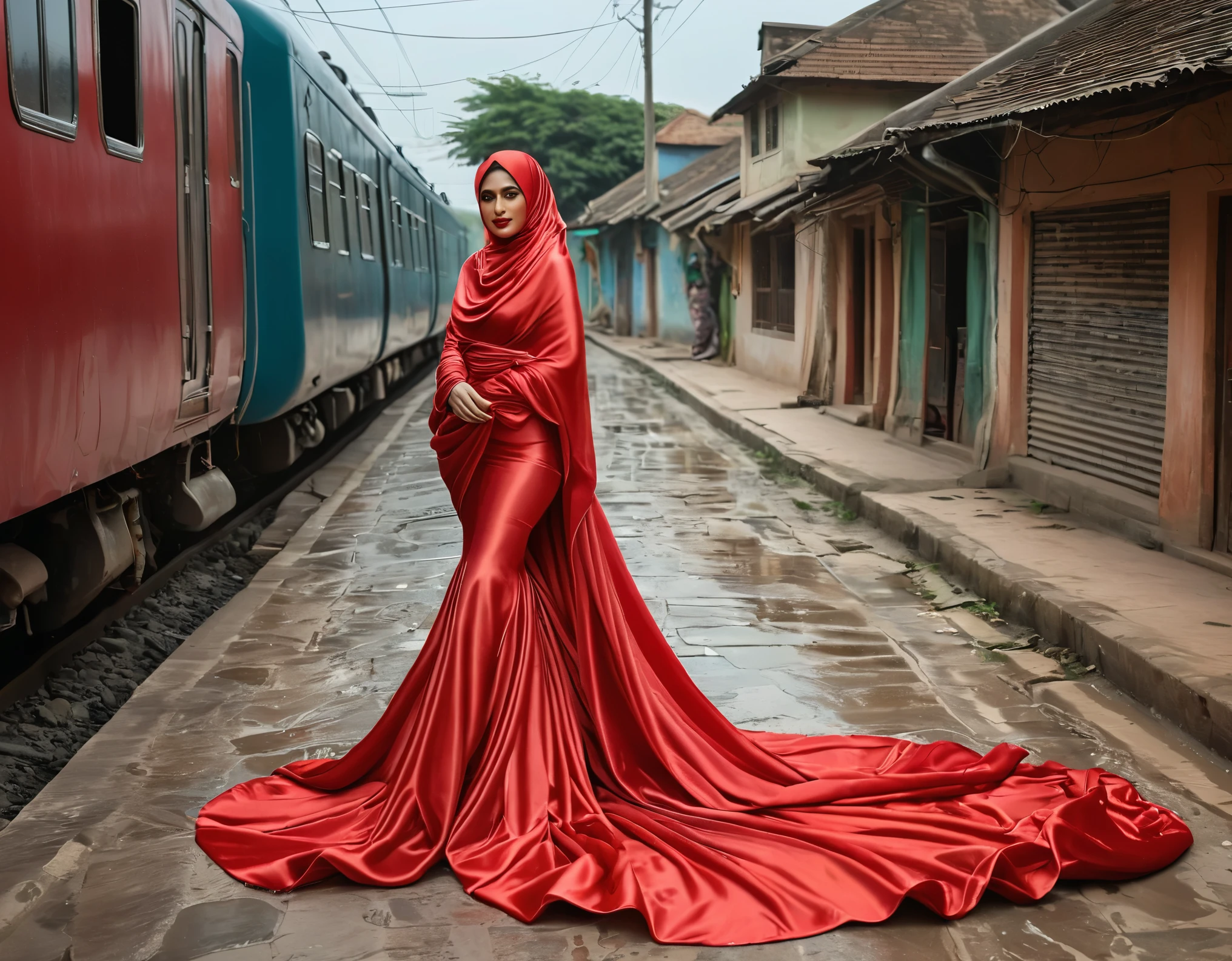 A woman shrouded in a 10-meter-long, plush red satin cloth, tightly bound and grandly draping along the form of her body, flowing off into a pooled floor-length train, styled in a mermaid-inspired outfit, her head modestly veiled in a satin hijab, tall woman, in village road, a full-body pose conveying a sense of elegance, captured in a 4k resolution, ultra-realistic