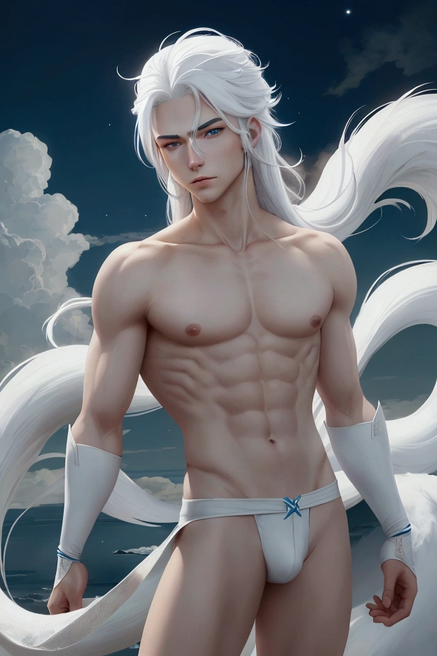 a young adult man with shoulder-length white hair and blue eyes, Nube is a fox demi-human, arctic fox, His white ears on top of his head and his long tail stood out in his appearance along with his multi-colored eyes., one yellow and one red**