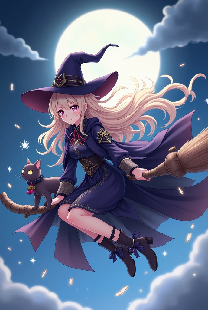 witch flying on a broom with a book and a cat, sorcerer magic witch, classical witch, anime style, from girls frontline, girls frontline, girls frontline universe, girls frontline style, girls frontline, girls frontline cg, soft anime illustration, 2 0 2 2 anime style, 2022 anime style, pixiv contest winner, pretty anime character design, render of april