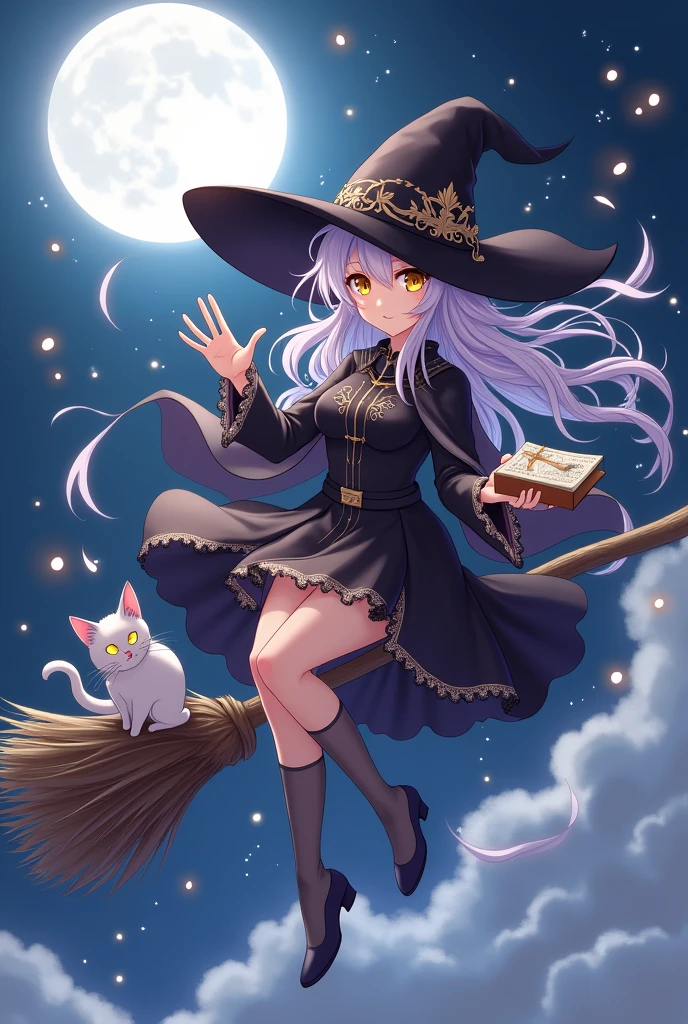 witch flying on a broom with a book and a cat, sorcerer magic witch, classical witch, anime style, from girls frontline, girls frontline, girls frontline universe, girls frontline style, girls frontline, girls frontline cg, soft anime illustration, 2 0 2 2 anime style, 2022 anime style, pixiv contest winner, pretty anime character design, render of april