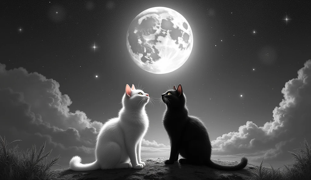 Give me 2 black and white cats in astral time with a sky full of stars and a beautiful moon