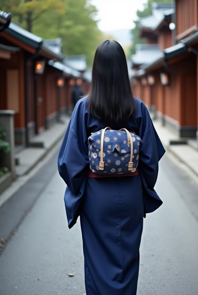 28歳のJapan人女性、Navy blue kimono、The whole body is shown、The eyes are double、Not facing the front、 Japan、Kyoto temple road、Being photographed、Medium-long black hair、Her back is being photographed.