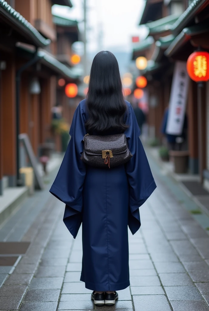28歳のJapan人女性、Navy blue kimono、The whole body is shown、The eyes are double、Not facing the front、 Japan、Kyoto temple road、Being photographed、Medium-long black hair、Her back is being photographed.