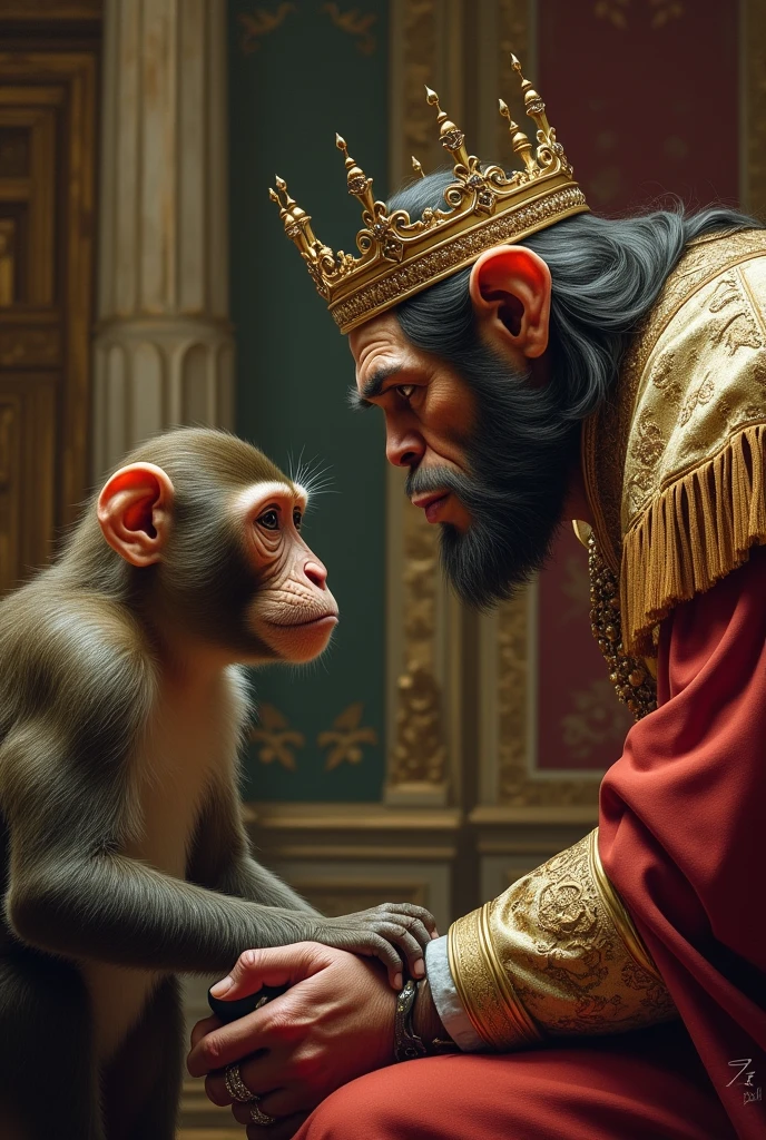 An angry king says something to a monkey in his palace and the monkey listens silently