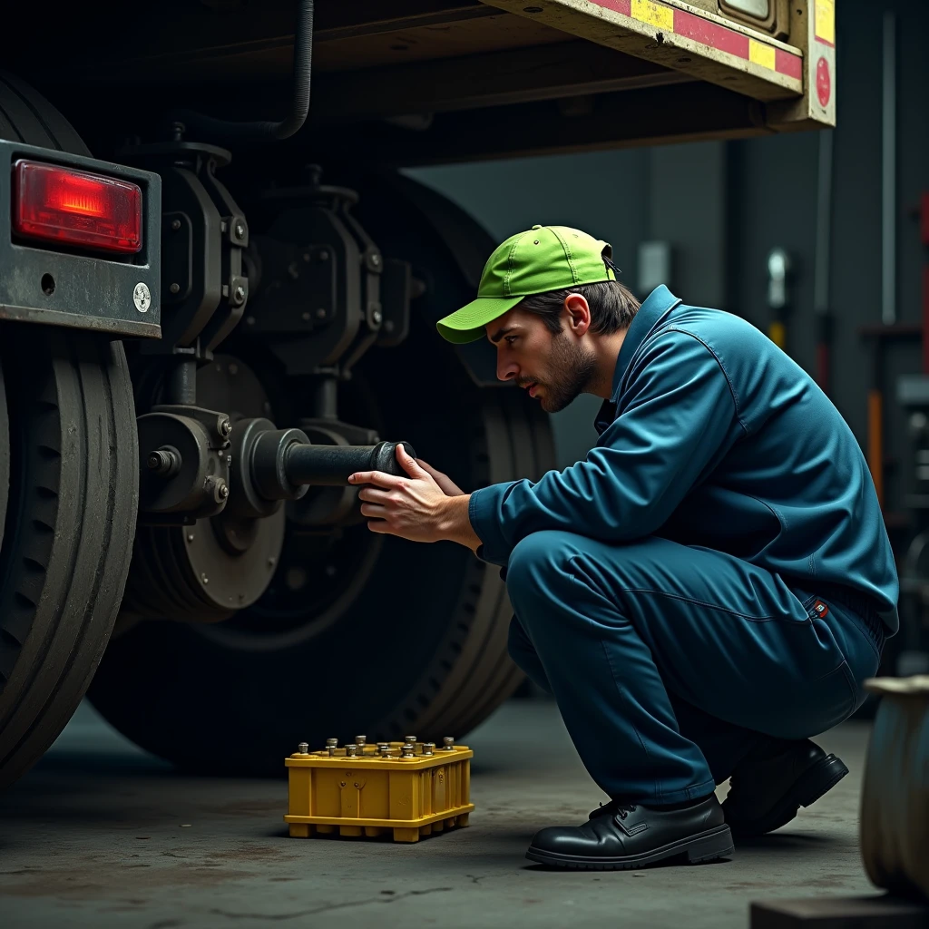 A mechanic crouching in an industrial workshop, wearing a blue uniform with green details and a fluorescent green cap, Check the back of a large truck. The image shows the truck's chassis with details such as a yellow plastic block attached and red taillights.. The workshop is dark, with equipment and tools in the background, and the mechanic is carefully inspecting the truck's suspension area or coupling system.