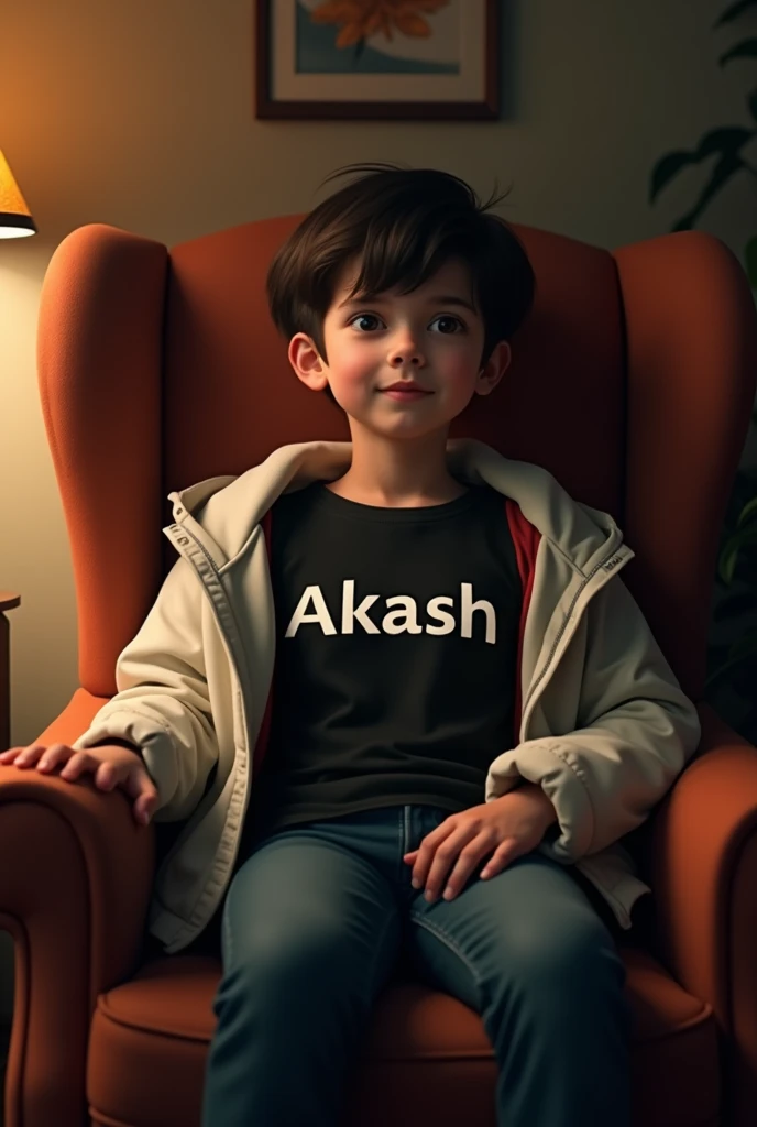 A boy in the black tshirt and white jacket, and sitting on the wingback chair, and "Akash" name on his tshirt.