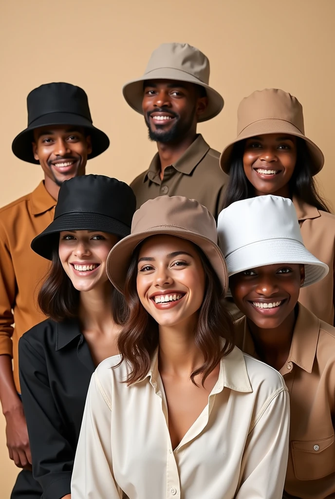 People wearing black ,white ,beige bucket hats and posing ,highlights the bucket hats as this is for a bucket hats advertisement