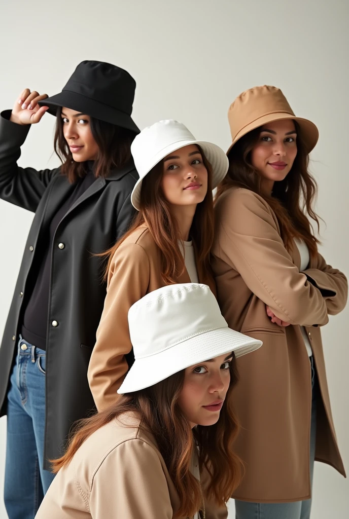 People wearing black ,white ,beige bucket hats and posing ,highlights the bucket hats as this is for a bucket hats advertisement