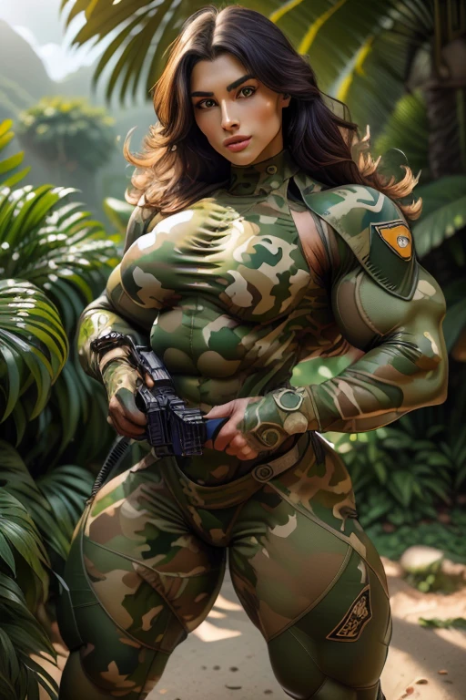 ((((Massive tall, beautiful, buff, bulky, muscular woman with big, ginormous muscles, royal blue hair, huge bulging veins, and wearing a camouflage top and tight camouflage skirt)))), (((veins))), black eyeliner, massive muscle, massive biceps, hyper muscle triceps, (((pale skinned))), (((long straight royal blue high ponytail))), white eyes, high heels boots, in a jungle, nighttime, showing a sexy smile, (((hyper muscles arms))), hyper muscle legs, (((massive buff arms)))