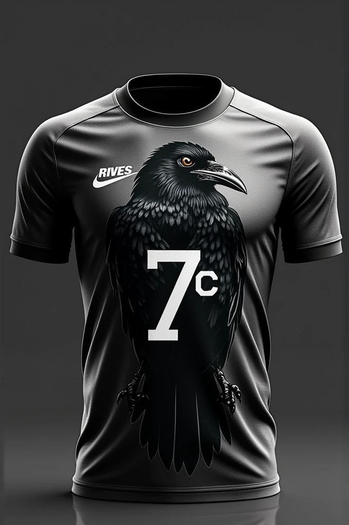 Make a football shirt with the main animal being a crow and saying 7c