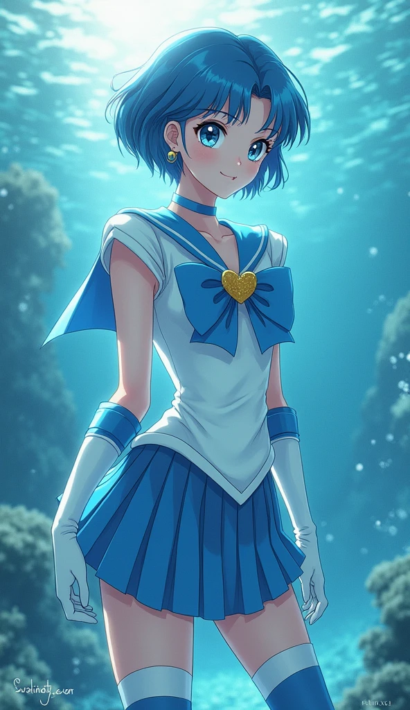 "Generate an image of Ami Mizuno from Sailor Moon in her Super Sailor Mercury form. She should be standing confidently, with her short blue hair styled in a sleek bob. Her outfit is a white sailor-style uniform with a blue collar, a light blue bow on her chest with a golden heart-shaped brooch, and a pleated skirt. She wears knee-high blue boots and white gloves with blue accents. She should be holding her Aqua Harp, with water elements swirling around her. The background should be an underwater scene, with shimmering light filtering through, creating a calm and serene atmosphere.", high quality, (RAW photo, best quality), (realistic, photorealistic: 1.4), (extremely delicate and beautiful: 1.4), amazing, fine details, masterpiece, ultra detailed, high resolution, best illustration, best shadow, intricate, ( extremely intricate: 1.2), (exquisitely detailed skin), cinematic light, perfect anatomy, (cool color: 1.4), sharp focus, 8k UHD, DSLR, (Fujifilm XT3),(iluminación cinematográfica :1.4), (pose americano :1.4), (skirt lifted by itself: 1.4 ), (skirt lift: 1.4 ), (showing white panties: 1.4 ), (colores brillantes), (mostrando panties lingerie :1.4), (estilo encaje lingerie transparente :1.4), (6D:1.4 ),( sexy pose sensual seductive :1.4), (poses de brazzers, playboy, OnlyTease, pornworld)