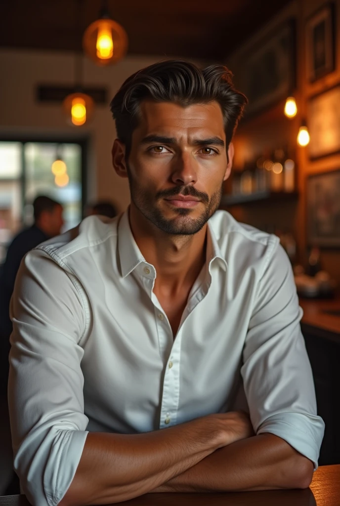 man, 30 years, moreno, hazel eyes, handsome, with white shirt, realist, whole body, pub,
