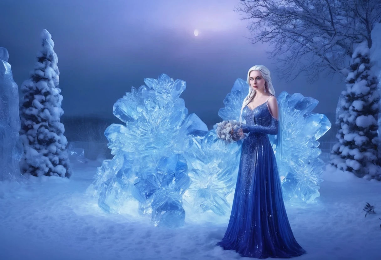 A cute ice elf woman with blue skin, deep blue eyes, pointy ears, waist length pale hair, wearing a sapphire sequin sparkling sheer night gown, inspecting her ice sculpture flower garden in a snow landscape at twilight, (best quality,4k,8k,highres,masterpiece:1.2),ultra-detailed,(realistic,photorealistic,photo-realistic:1.37),detailed ice sculpture flowers,snowy landscape,ethereal lighting,fantasy,magical,cinematic