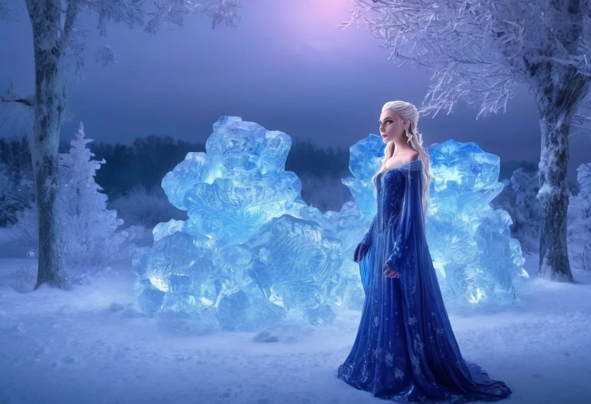 A cute ice elf woman with blue skin, deep blue eyes, pointy ears, waist length pale hair, wearing a sapphire sequin sparkling sheer night gown, inspecting her ice sculpture flower garden in a snow landscape at twilight, (best quality,4k,8k,highres,masterpiece:1.2),ultra-detailed,(realistic,photorealistic,photo-realistic:1.37),detailed ice sculpture flowers,snowy landscape,ethereal lighting,fantasy,magical,cinematic
