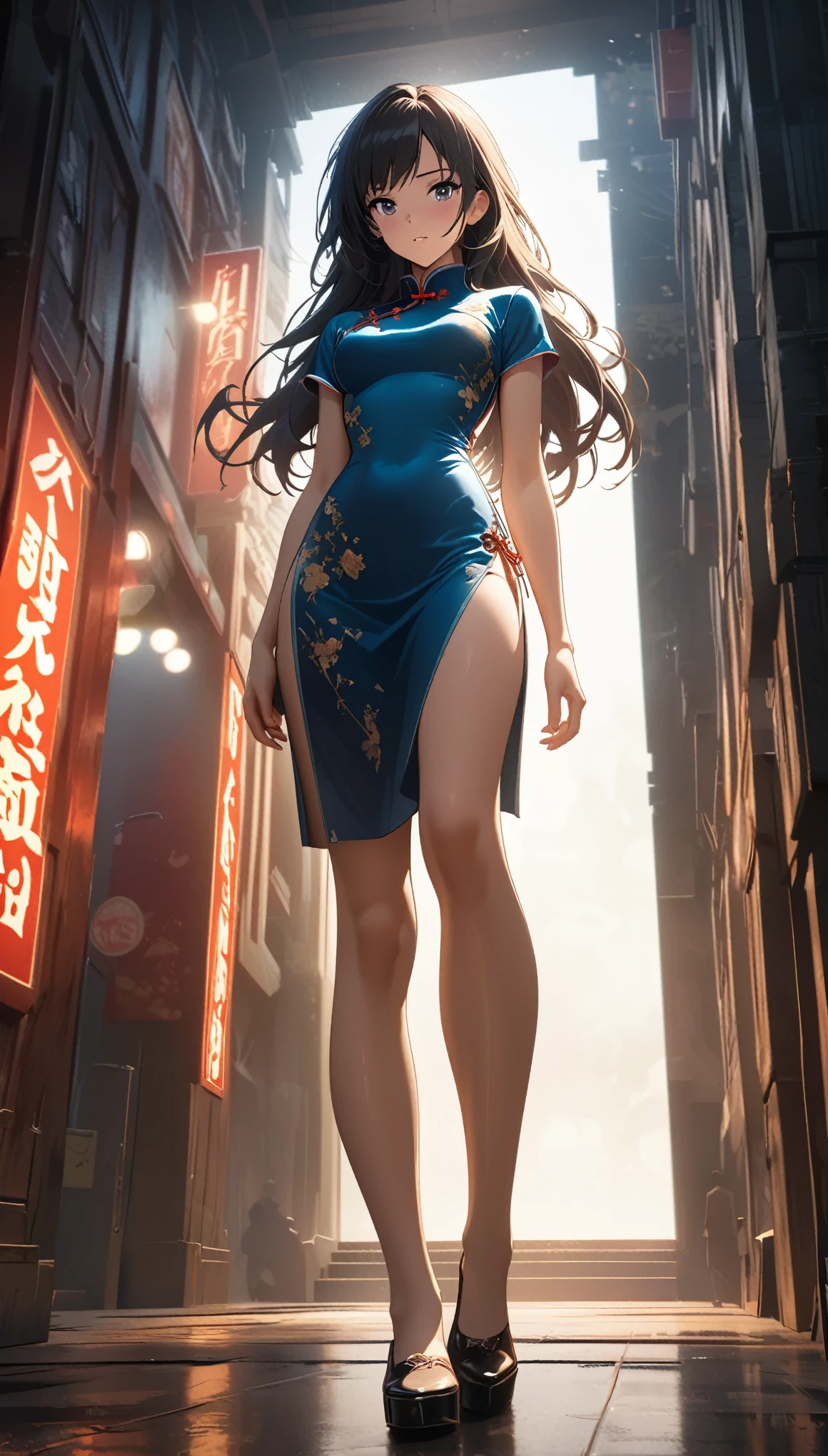 Cheongsam Girl，Long Hair，Pure white background，Depth of written boundary，Low angle view，Calf Level View，Overclocked Renderer，Cinema Lighting，Ultra-fine，Very detailed，complicated，Cinematic Perspective，CG Art，Side zipper