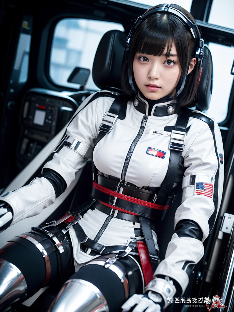 masterpiece, Highest quality, Very detailed, Japanese Android girl,Plump,Slightly thicker,Control panel,Android,cyborg,Blunt bangs,Sitting in the cockpit,Silver and red combat uniform,Black harness belt,Helmet