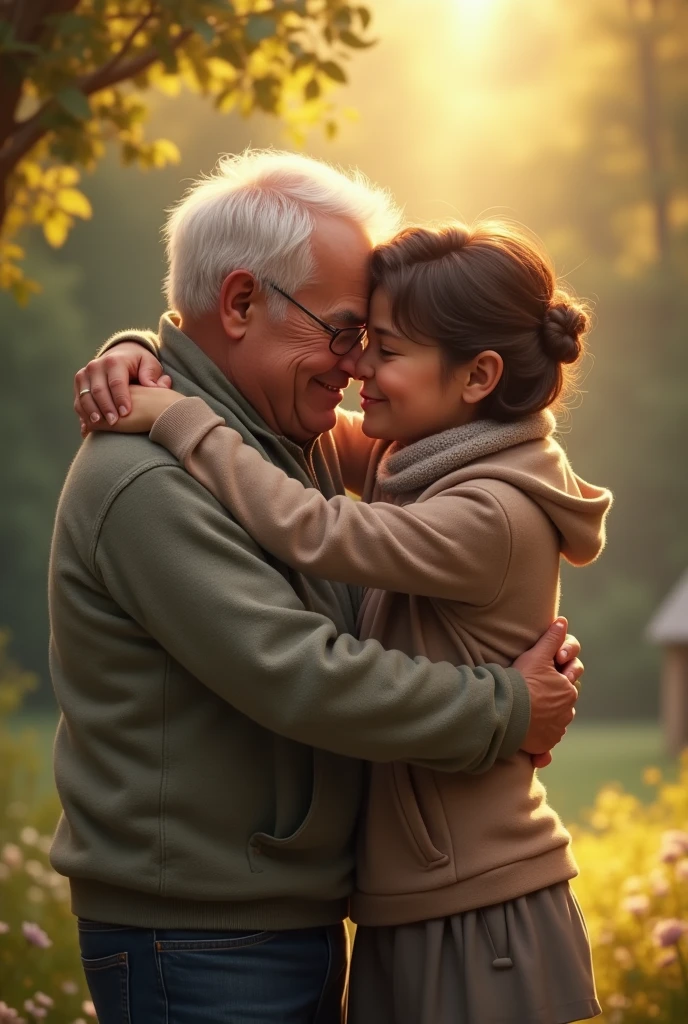 I want a realistic image of me and my father hugging
