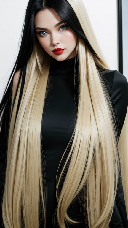 Perfect face, red lips, green eyes,long black hair with very long blonde hair, super long blonde hair with very super long black hair, muscular body, full body suit,wearing white business suit, with black dress shirt, perfect face, red lips, green eyes
