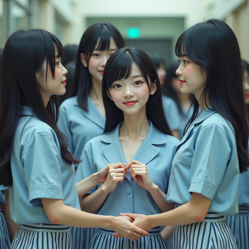 (((((Japanese Clone-girls=Myself))))), (((Super Best Perfect Clone-girls Raw Photography Art))), (((16K, Highest quality, Ultra-high resolution, Real Photography, RAW quality))), (((It's so unrealistic., An astonishing world view, With an unfathomable sight, In an out-of-this-world situation, In a world where Myself Clone-girls are multiplying in large numbers, Ultra-realistic, Delusion))), (((Japanese Girls, hashimoto-kanna, 17yo, Small face, Thick black hair, Semi-long hair, Dark Eyes, Mature face, Cute Smile, Smiling face, A gentle gaze, (((Very happy laughter)))))), (((Very beautiful detailed girls, Accurate body structure, Accurate body movements, Very detailed body, (((Big Breasts, J-Cup)))))), (((Summer Girls' School Uniform, Light blue shirt, I can see the cleavage, Big Breasts強調, blue and white striped mini skirt))), ((((((((Very detailed, Myself cloning, Depiction of splitting oneself, 1Myself girl-cloning-1,000,000,000,000,000,000,000,000,000,000Myself clone-girls)))))))), (((((((Very detailed clone depiction, (((The same perfect female body as Myself, Myself and the same perfect face, Perfect same hairstyle as Myself, Myself and the perfect same outfit, Perfect height with myself, Myself and perfect J-Cup)))))))))), (((((Myself clone-girls only))))), (((((1,000,000,000,000,000,000,000,000,000,000Myself clone-girls))))), (((Very detailed, Extremely crowded, Body-to-body contact with no gaps))), (Bright and soft lighting), (((((Clear and accurate perspective depiction, super wide view, Ultra-wide field of view, Focus on the average value of the image))))), (((((Myself clone-girls, With very detailed depiction, Pleasant conversation, Holding hands, Hug, Skinship between thousands of Myselves))))), School building, classroom, corridor, Lounge, Atrium Hall, spiral stage, Elevator, gym, School Assembly, after school