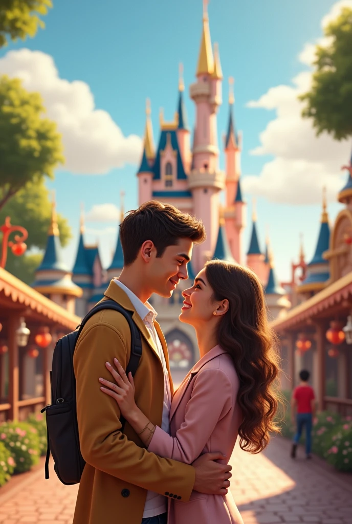 I would like to create a couple of boyfriends, a handsome boy with short hair and a pretty white girl with freckles and long hair and in the background a Disney-style park. The drawing