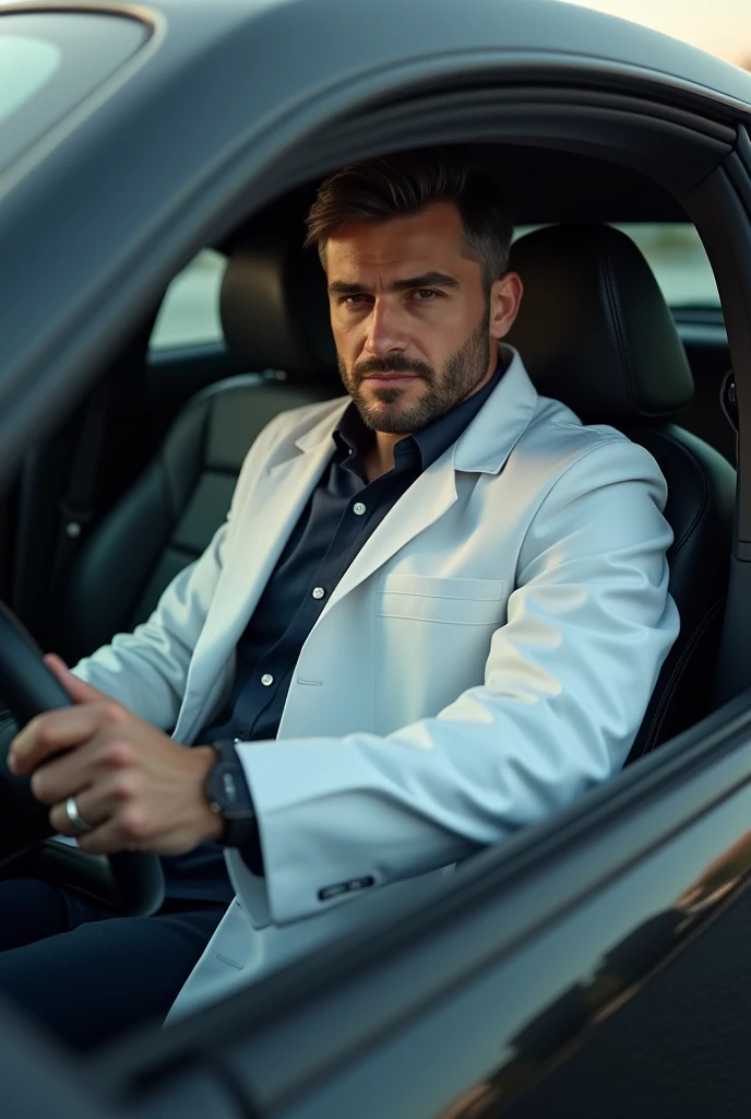 30 year man wear white coat and sit a black car