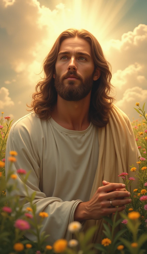 Create a high definition image of Jesus Christ in a serene and inspiring environment., where He radiates love and compassion. The image must capture His goodness and divinity, with soft colors and a peaceful atmosphere. Make sure the image is detailed and suitable for large format printing.