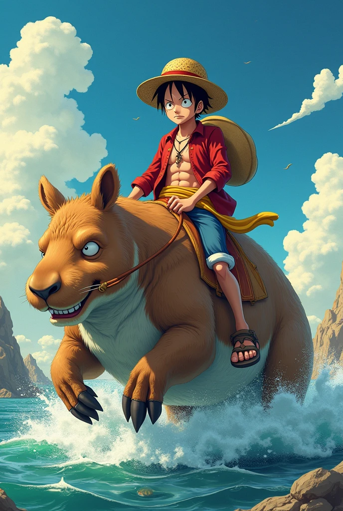 Create a luffy riding a capybara to go defeat Nicholas maduro, but put mature Nicolas on top of an axolotl 