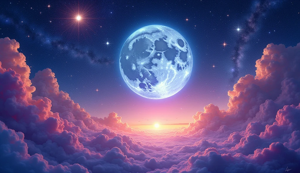 give me a group of different colors in astral time with a sky full of stars and a beautiful moon