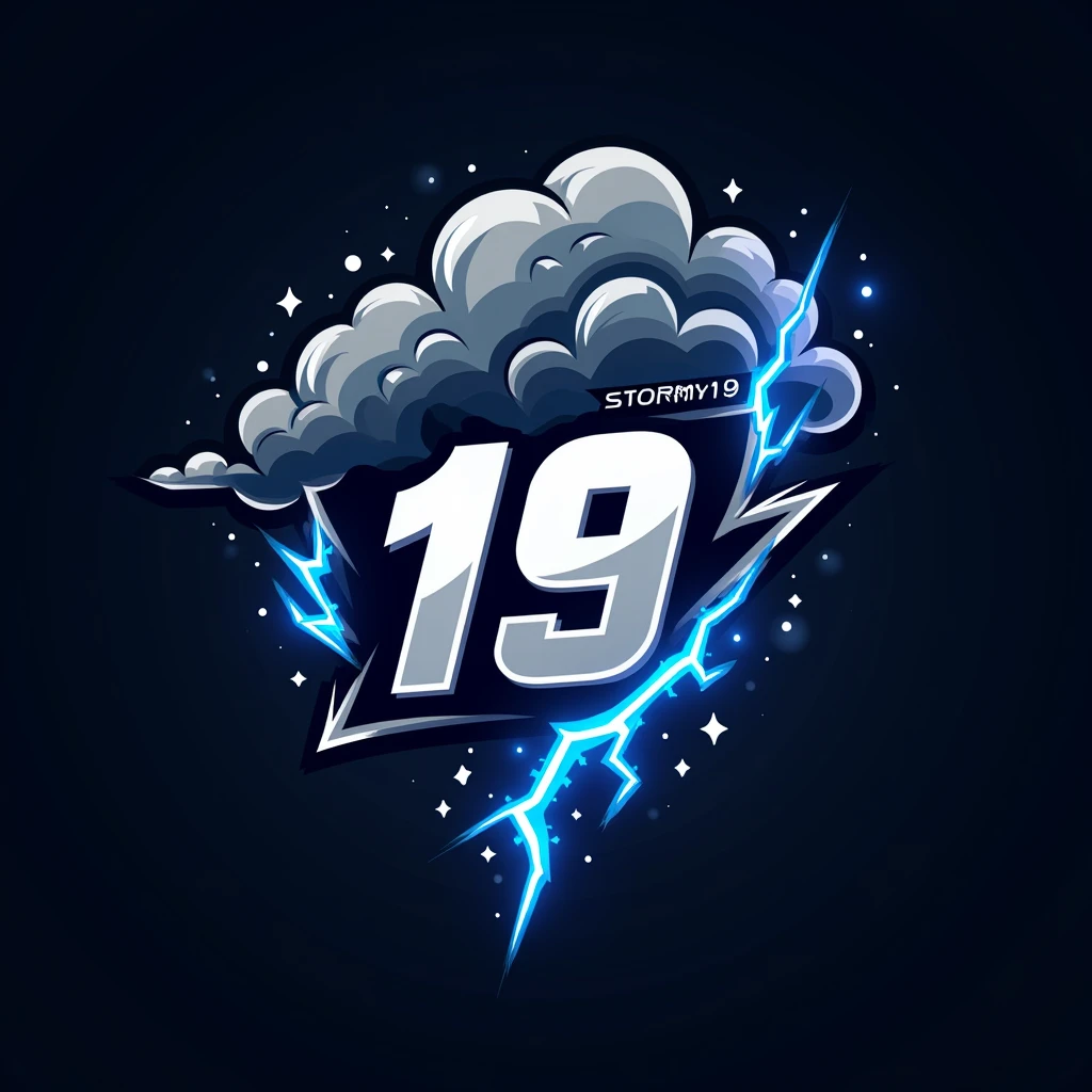 "Design a striking logo for a cricket team named 'Stormy19'. The logo should incorporate a fierce and dynamic representation of a storm, with swirling storm clouds, rain, and powerful lightning bolts. Integrate a cricket bat and ball subtly within the storm elements, symbolizing the sport. The number '19' should be prominently featured, possibly within the eye of the storm to signify focus and intensity. Use an electrifying color palette of dark blue, electric blue, silver, and white to capture the stormy and energetic theme. The design should be modern, sleek, and impactful, conveying a sense of power and determination. This logo will be used on team jerseys, caps, and merchandise, so it should be versatile and visually memorable."