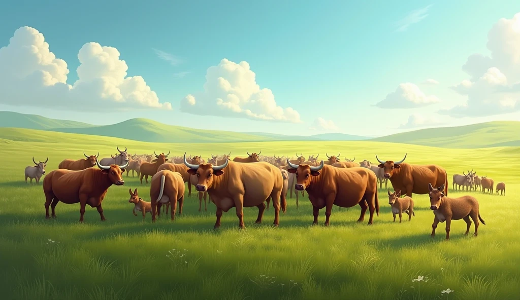 Create an image of a large group of oxen and donkeys grazing together in a green, fertile field, Under a clear, sunny sky. The oxen are strong and robust, while the donkeys are nearby with their young, symbolizing the abundance and prosperity of the blessings that God bestowed upon Job." typical landscape of the region of Israel