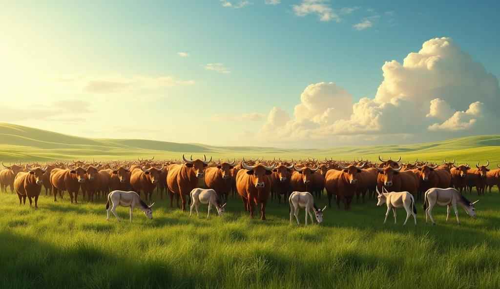 Create an image of a large group of oxen and donkeys grazing together in a green, fertile field, Under a clear, sunny sky. The oxen are strong and robust, while the donkeys are nearby with their young, symbolizing the abundance and prosperity of the blessings that God bestowed upon Job." typical landscape of the region of Israel