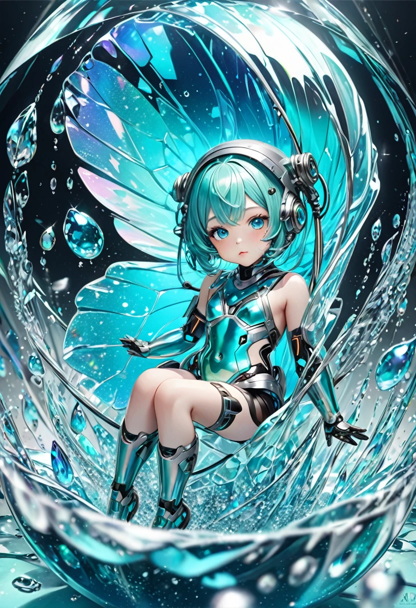 conceptual installation fantasy art, cute chibi animal-based android cyborg trapped in a falling ice drop, background iridescent metallic Tiffany Blue, (ultra detailed, absolutely resolution, best quality:1.3), 2.5D, delicate and dynamic effects, glitter effects, artistic photography, hyper realistic, graphic CG digital art