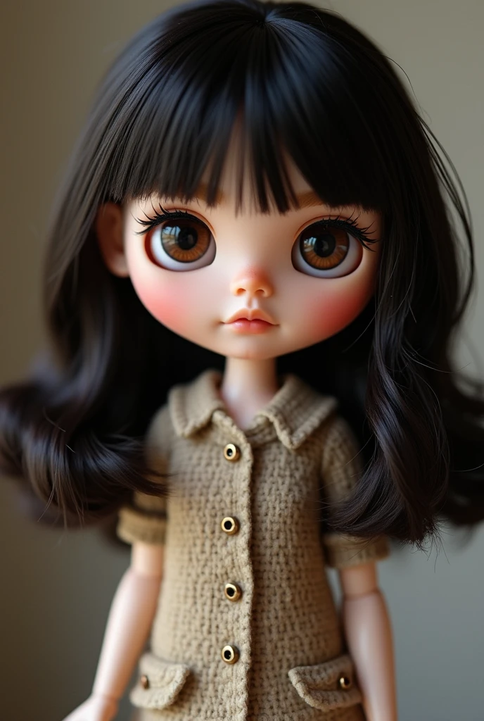 Half Asian and German Blythe doll with black hair at the cone of the hair, dark brown hair, dark brown eyes, no bangs, long shoulder length hair, no freckles , wide face with cheeks but not fat. Middle length hair, middle body size M